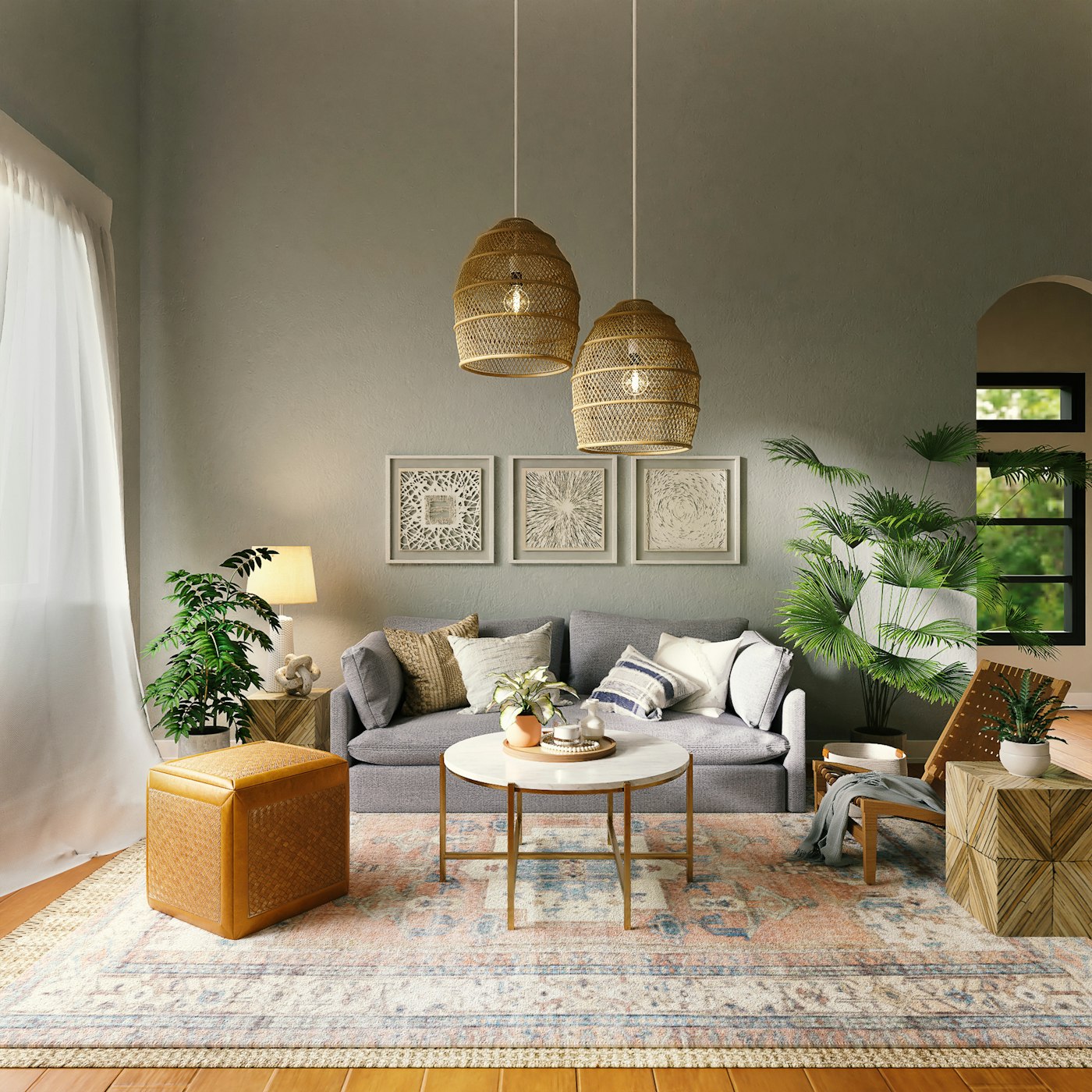 Warm, layered living room interior